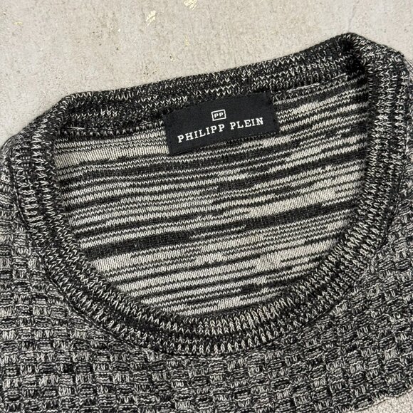 Philipp Plein Knit Sweater Textured Black/Grey Cotton Stretch Large - Picture 4 of 8
